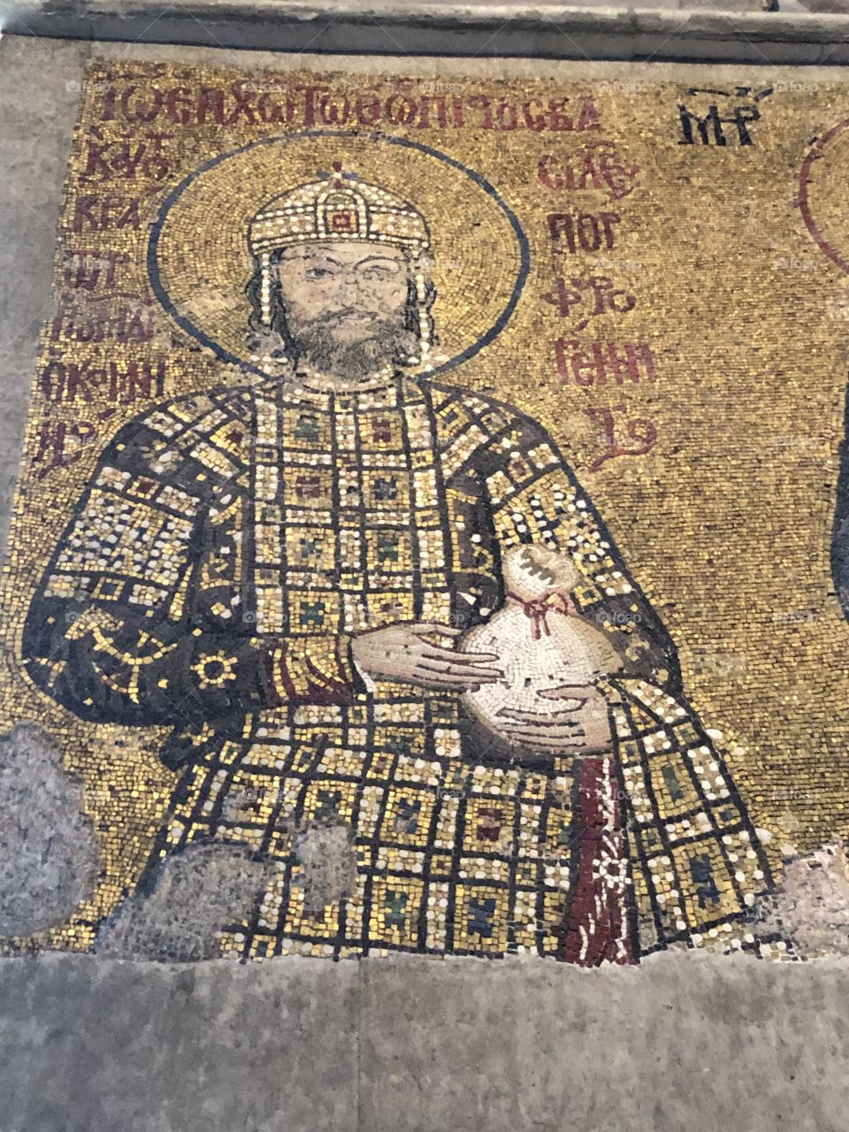 Detail view of a byzantin mosaic, Emperor Ioannes Komnenos, Hagia Sophia museum, Istanbul, Turkey