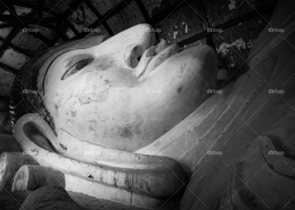 Bagun/Myanmar-April 16 2019:Beautiful white reclining Buddha in pagoda