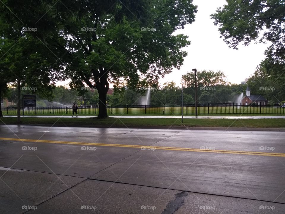 Hubbard Park with sprinklers running