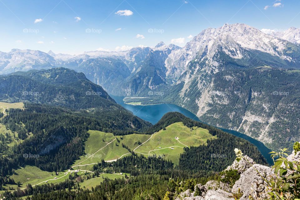 Panoramic view of beautiful mountains surrounding lake Königsee  Berchtesgaden, stunning view from mount Jenner