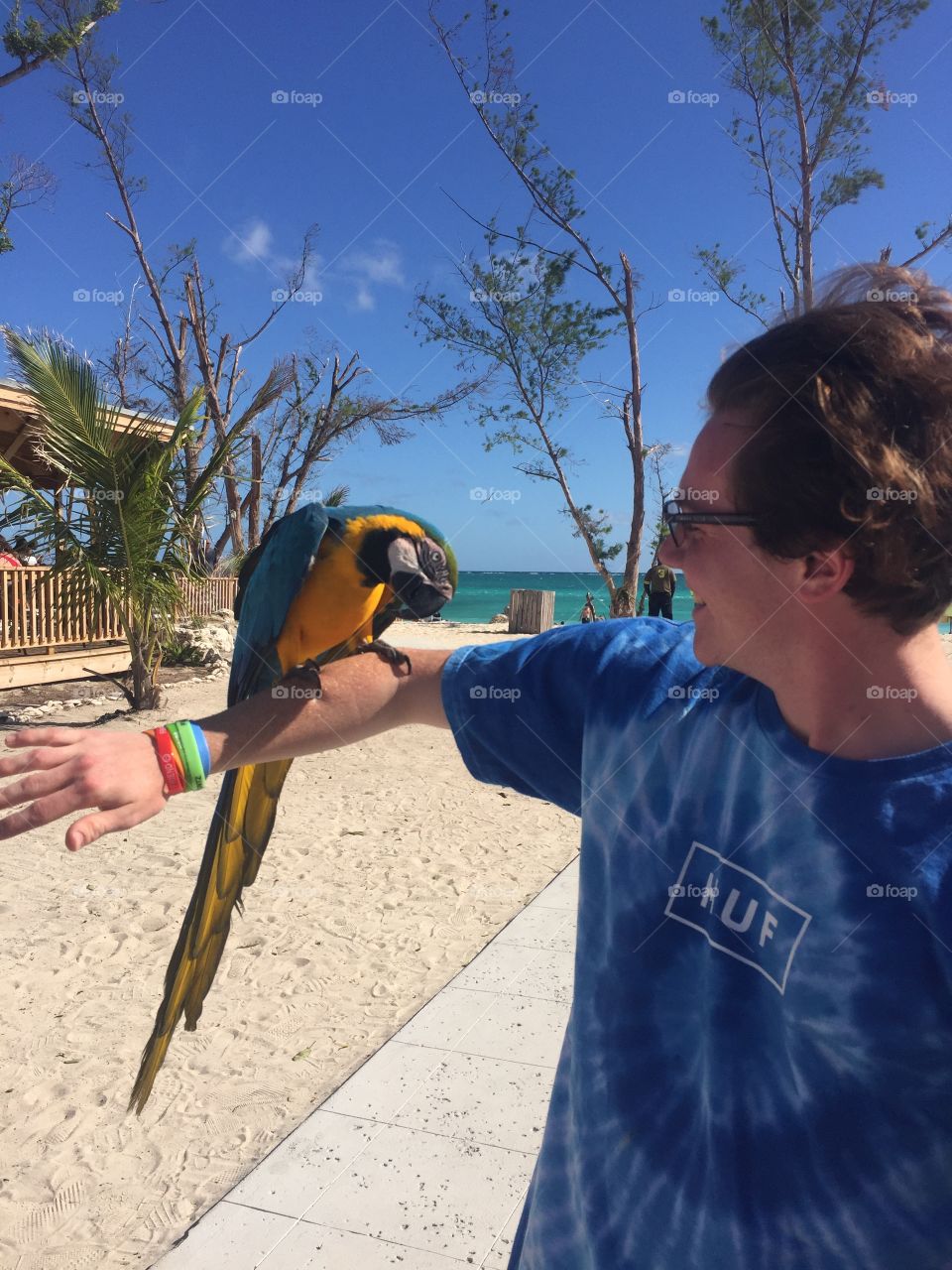 This beautiful parrot was perched on a stand, beside him stood a woman with a sign that read ‘photos $5’ His gorgeous blue feathers were the same color as my shirt and I decided then that I had to take a picture with this bird! 
