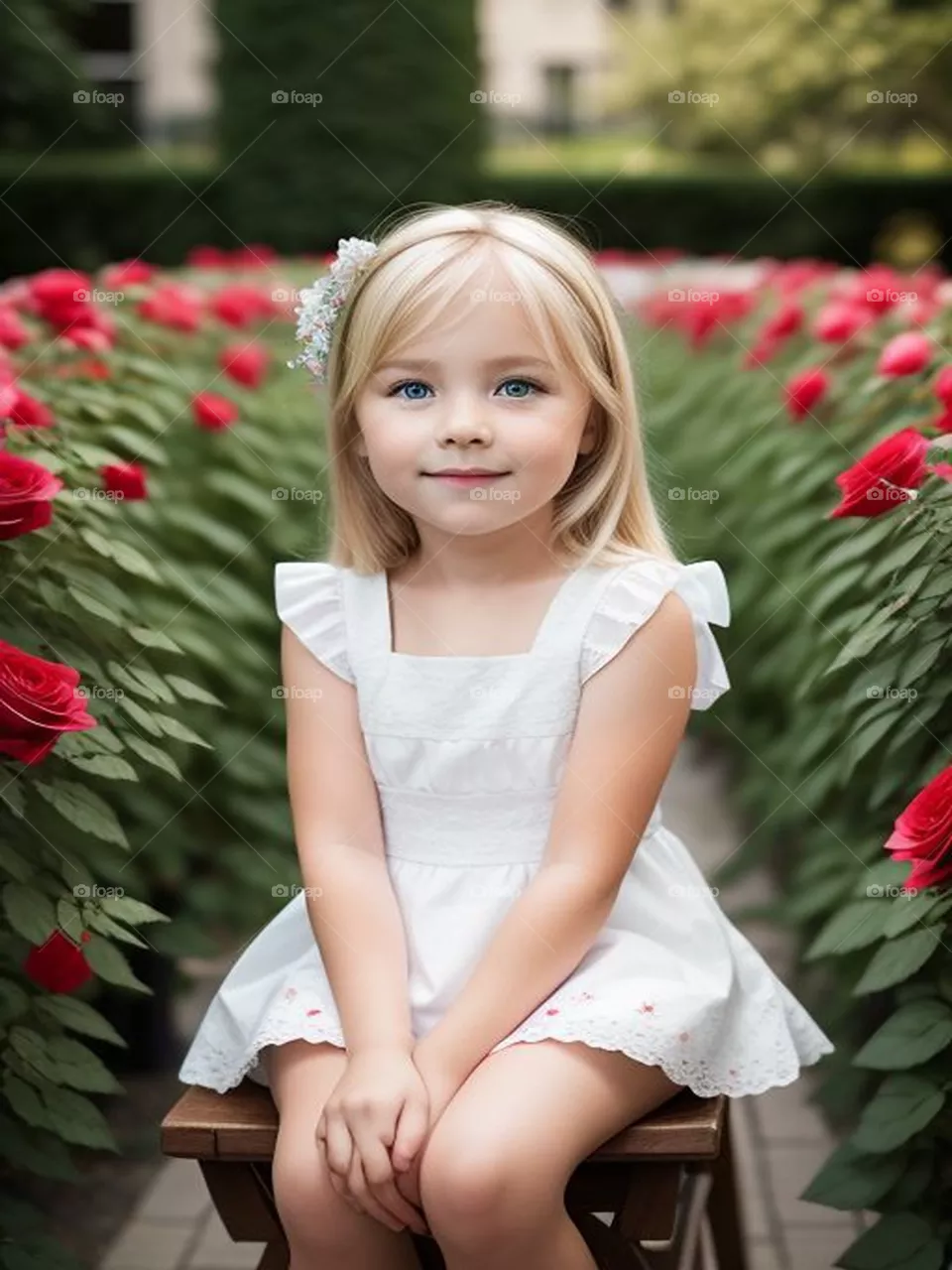 Cute blonde baby girl with beautiful roses