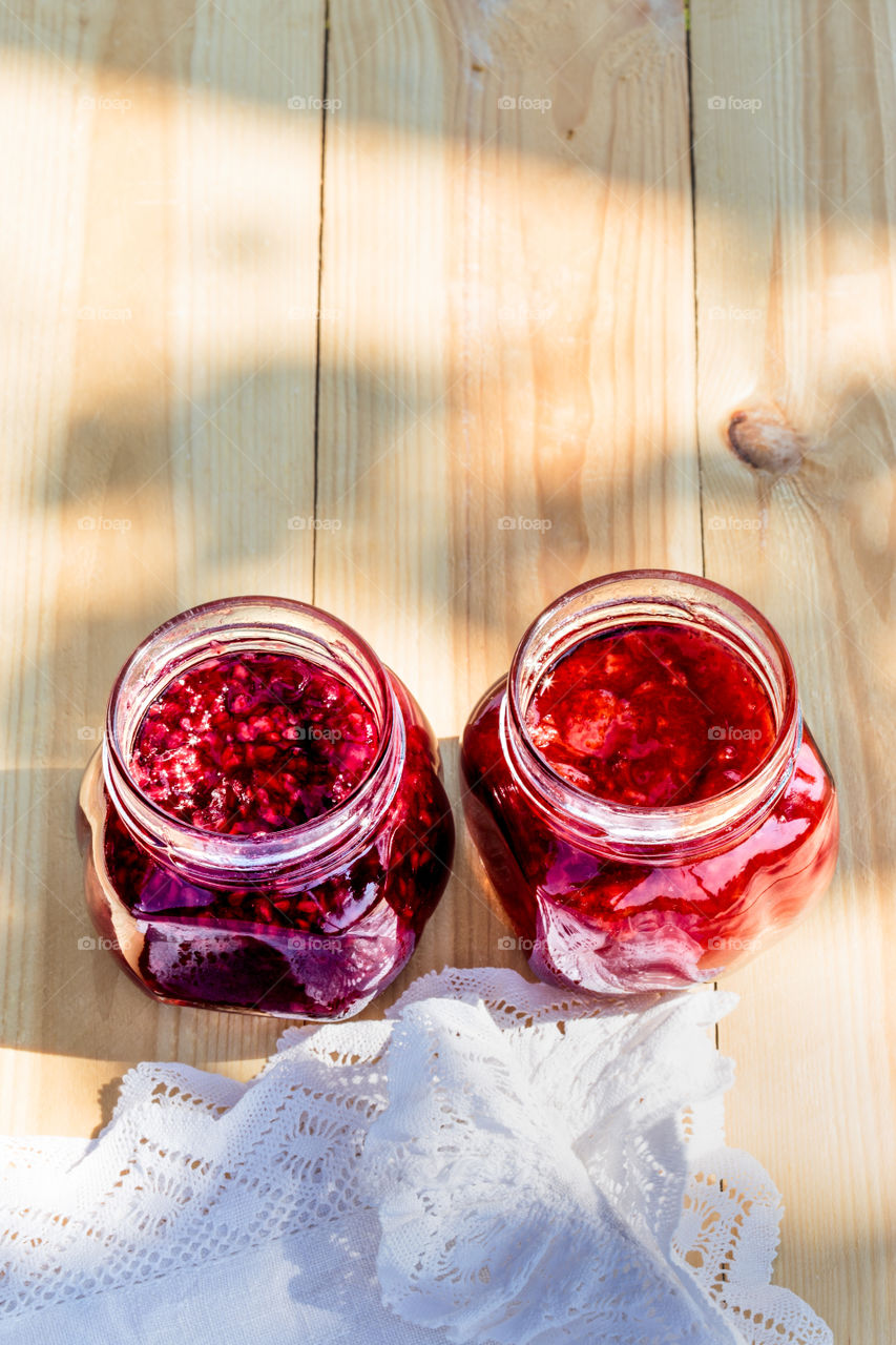 Homemade jam on wooden table. Homemade jam on wooden table