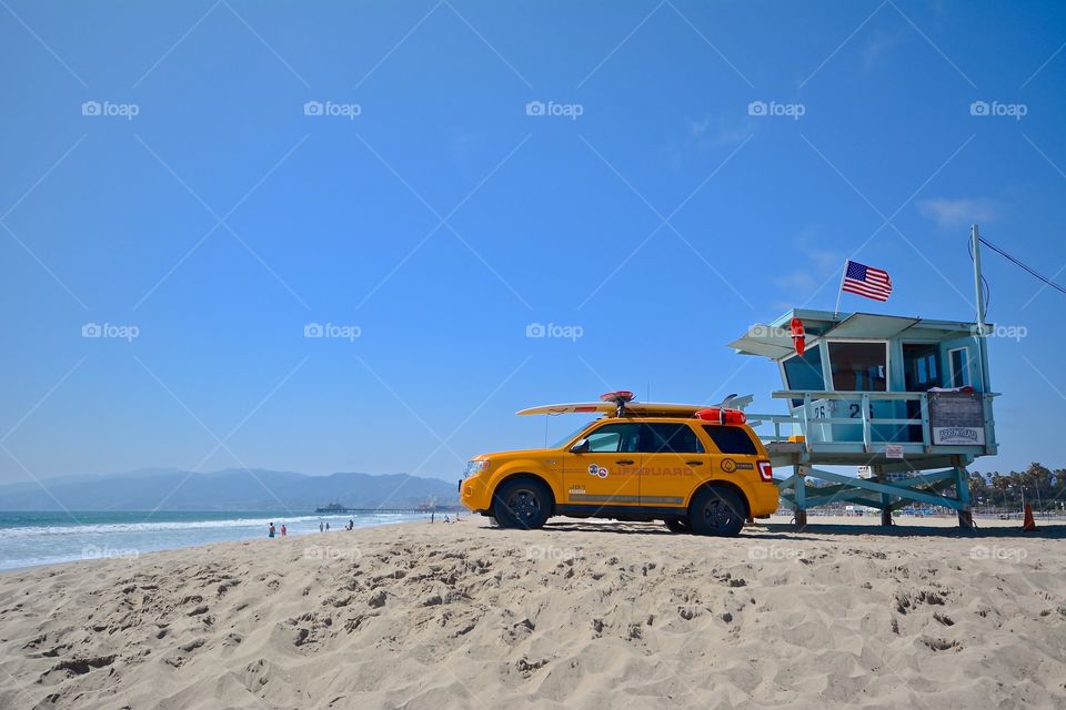 Lifeguards on duty at Santa Monica beach in Los Angeles 