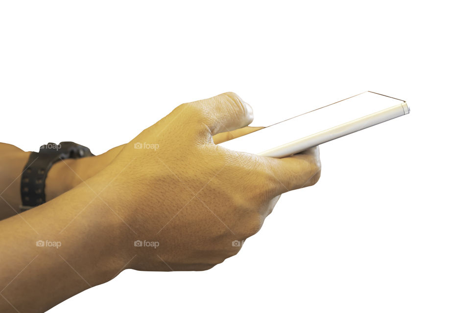 Hand holding telephone on a white background with clipping path.