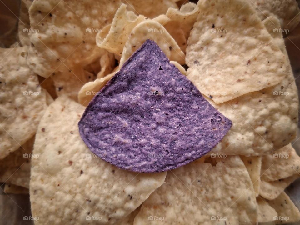 White Corn Tortilla Chips with One Blue Corn Chip on Top