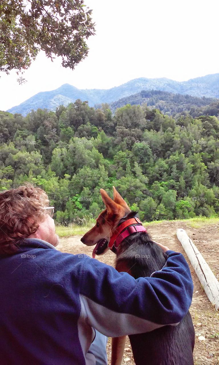 hiking with my pal. hiking up in Marin County hills looking at Mt Tam.