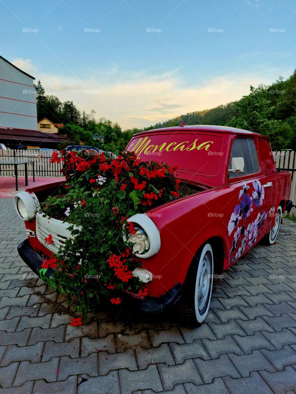 old car Trabant, reused as a flower ornament