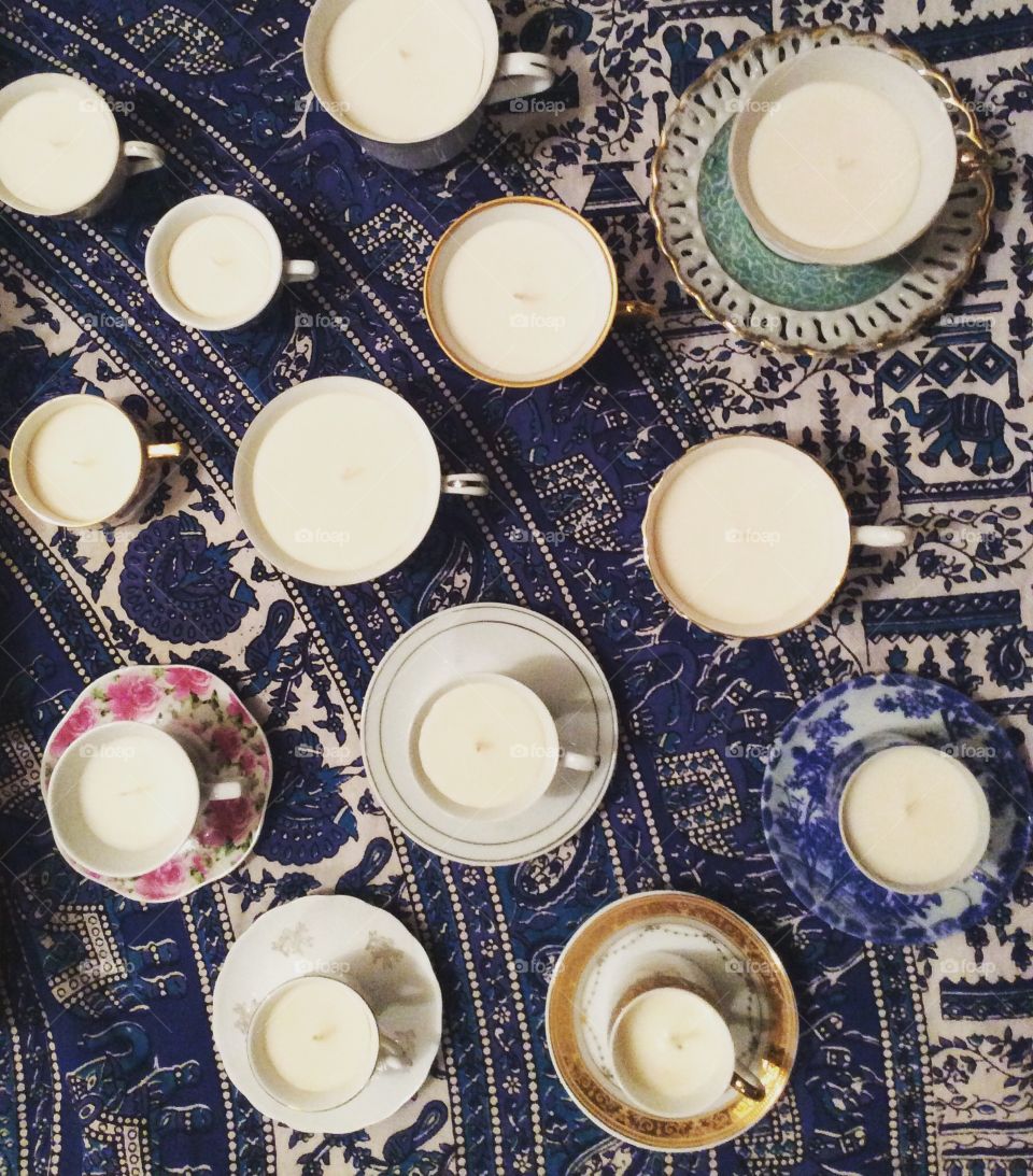 handpoured soy candles in vintage teacups