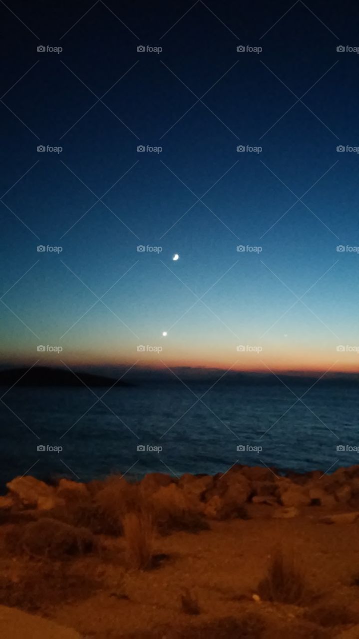 Sunset, Beach, Moon, Sky, Water