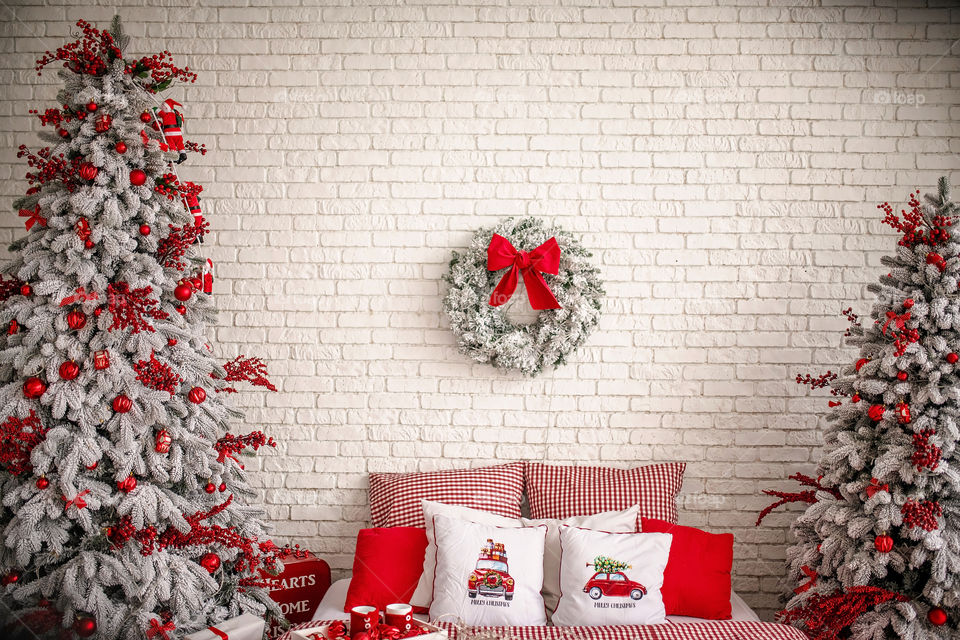 Christmas decorated pillow, festive atmosphere. Home decor.