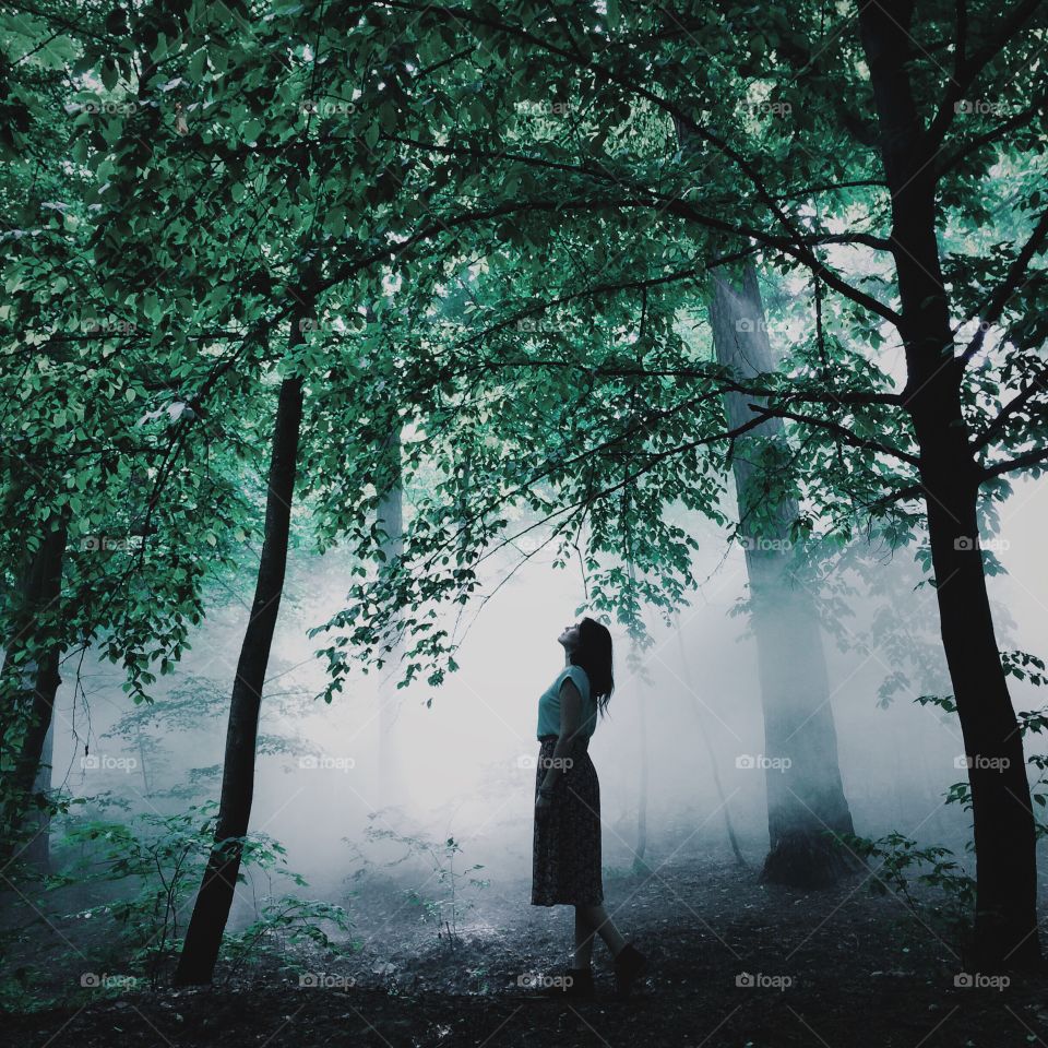 Girl in the fog forest