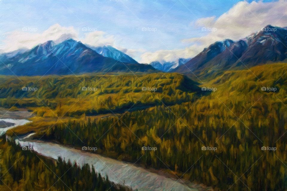 alaskan Scenery. mountains, forests, valleys and rivers in Alaska