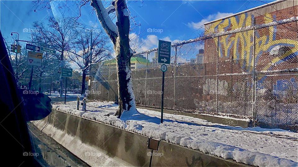 A  New York City roadside in the snow while being chauffeured around from borough to borough, namely from LIC, Queens to Fort Greene, Bklyn that’s how this photograph came about. 2022. Hypnotic Productions