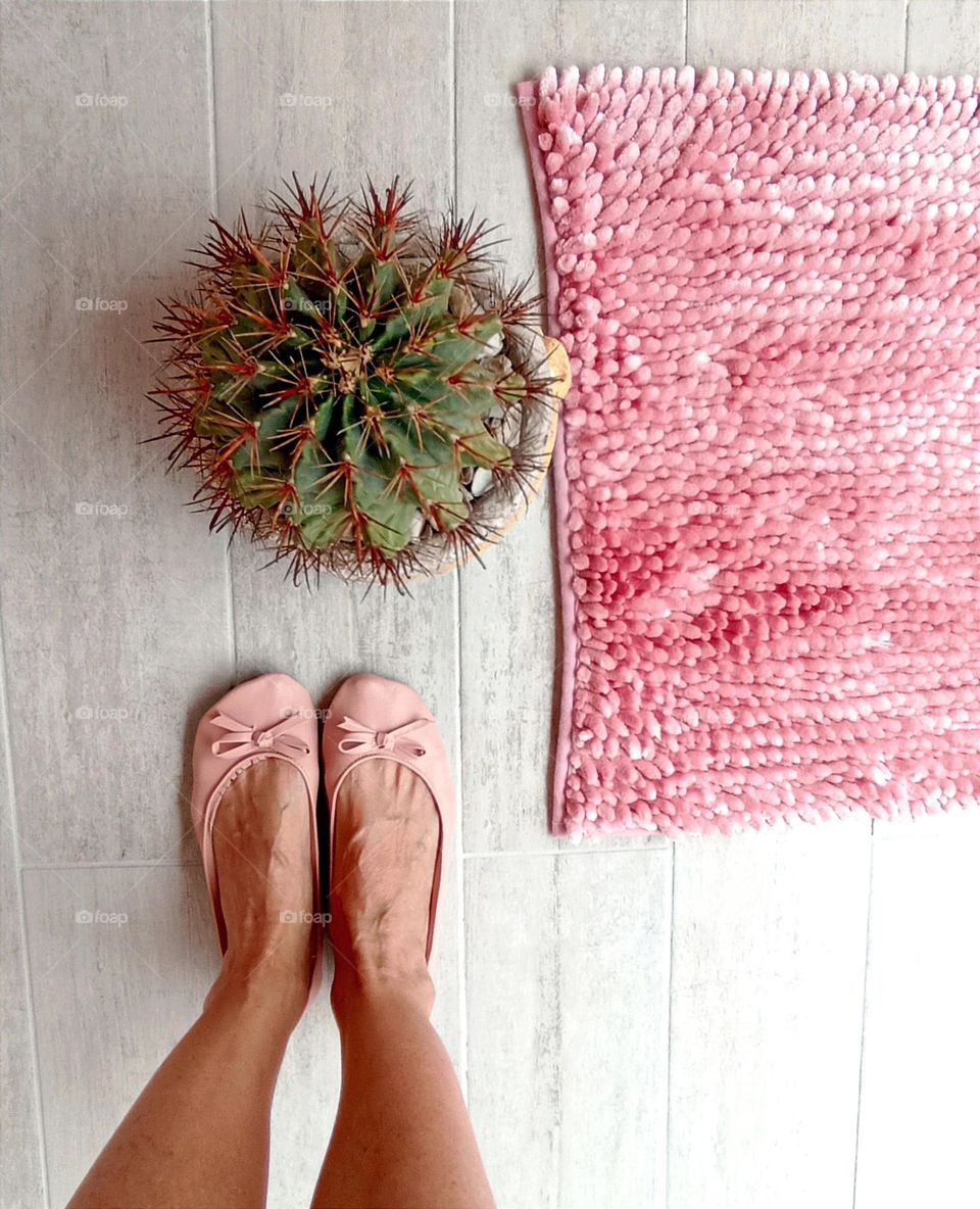 summer time Barbie style, pink colour and female legs shoes top view