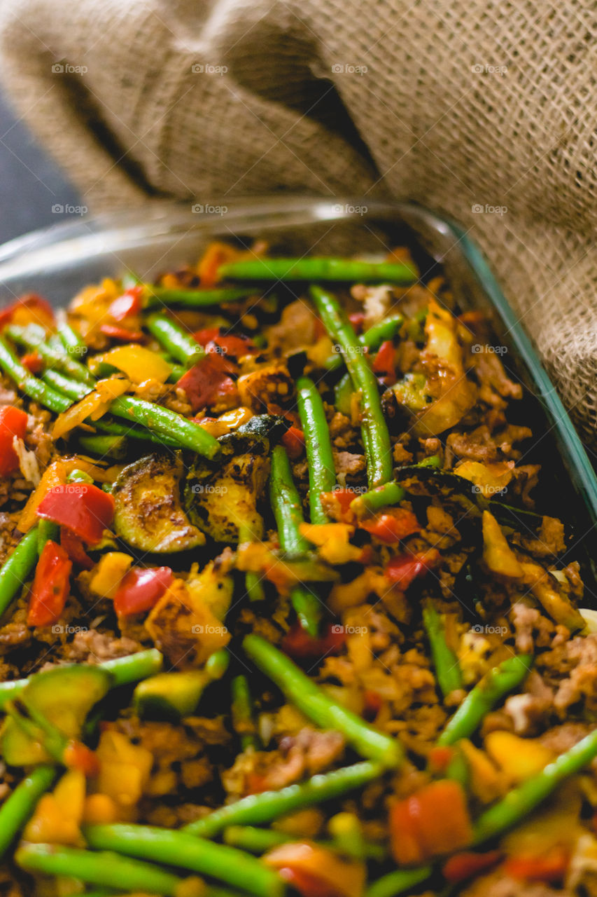 casserole with pasta, cheese, meat and fresh vegetables