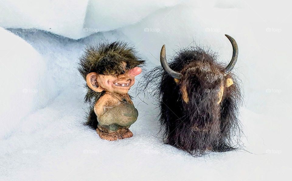 funny staged picture from a happy troll with big belly standing beside his fluffy yak in the snow