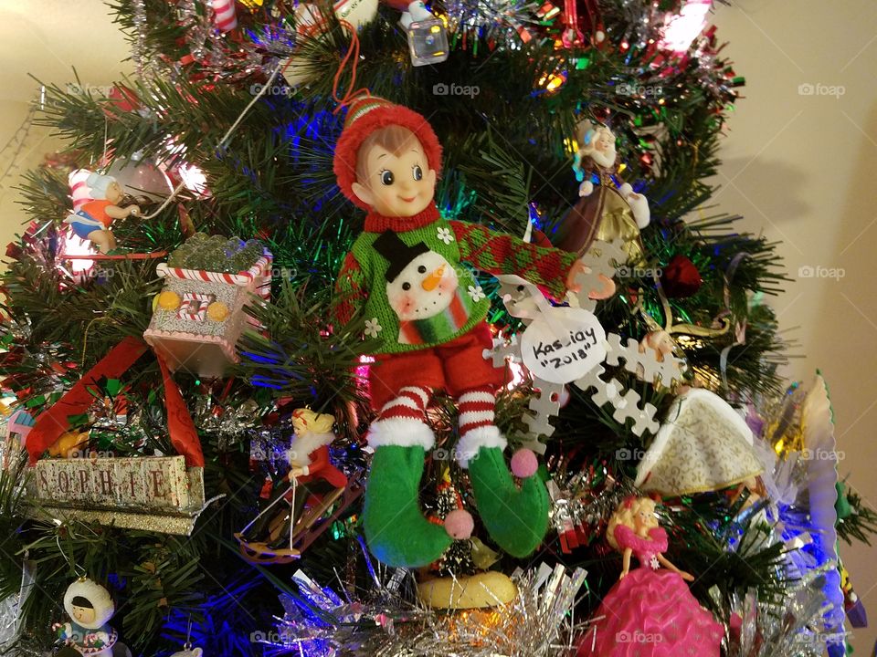 Elf on the shelf in our tree