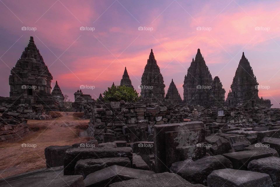 The Prambanan Temple in Violet View, a largest temple built in 10th Century to respect Shiva.