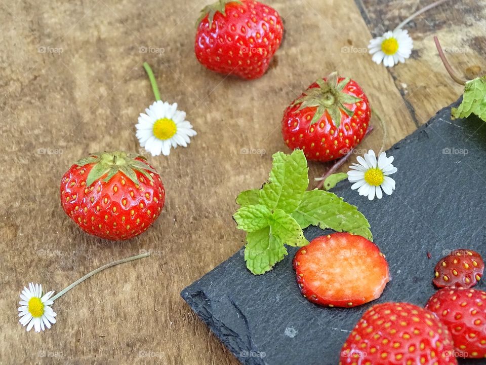 Strawberries on a wooden table
