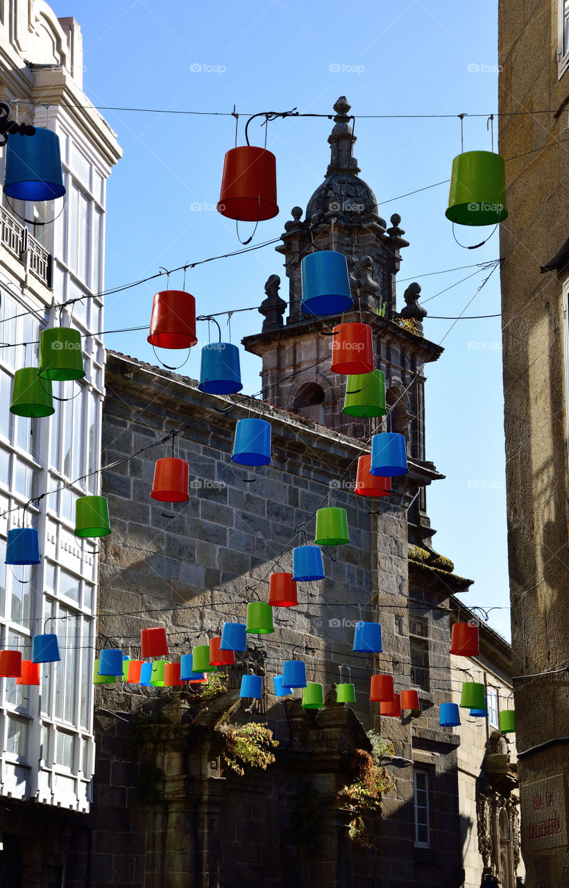 Church of As Orfas and decoration in the street of the same name. Galicia, Spain.