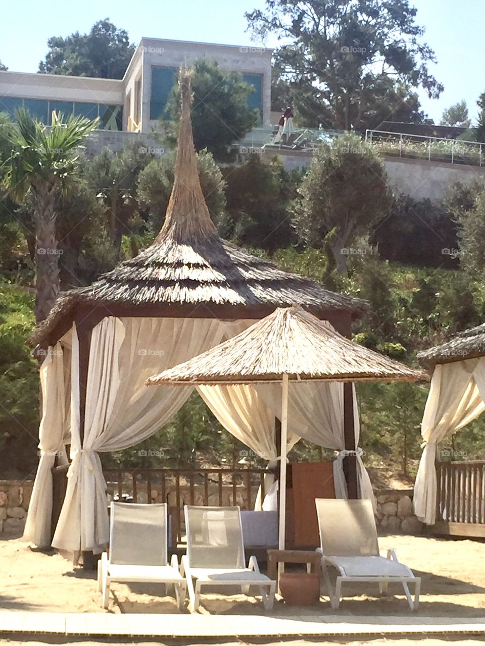 Beach huts at the luxury resort in Turkey