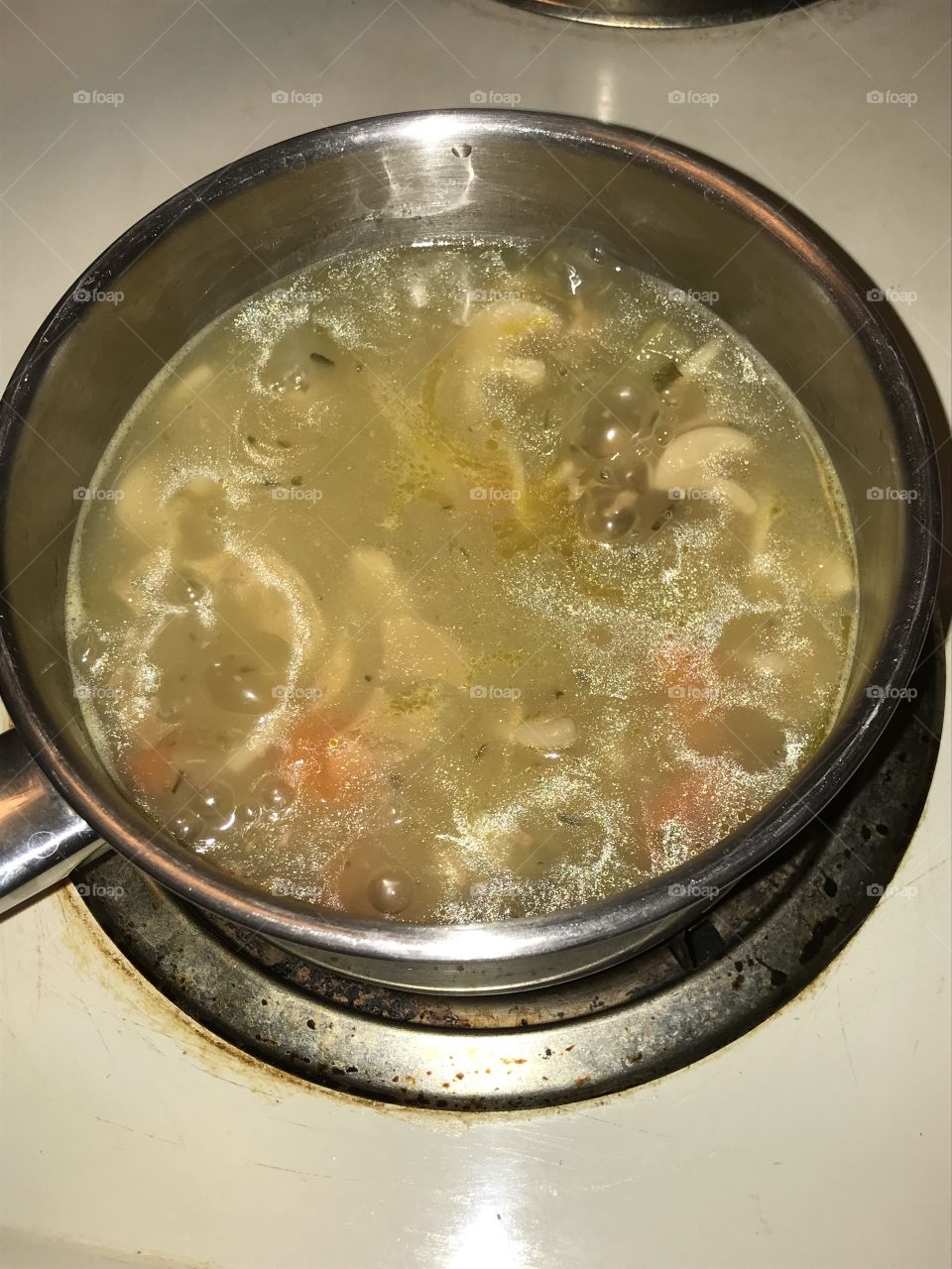 Home cooked chicken noodle soup ready to be served. It is light cooking at its best.