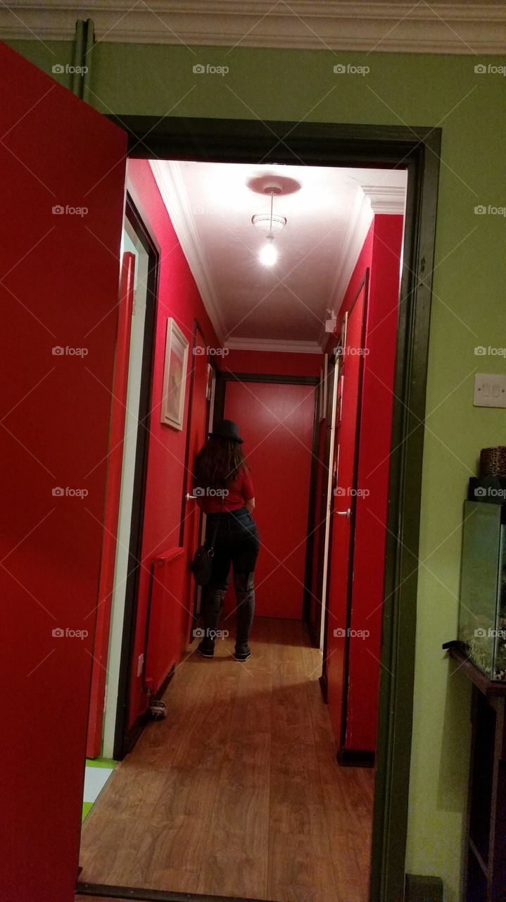 Indoors, Door, Hallway, Room, People