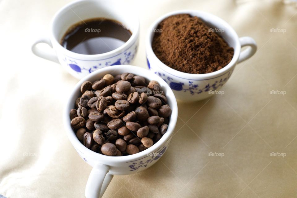 coffee beans, ground and cooked