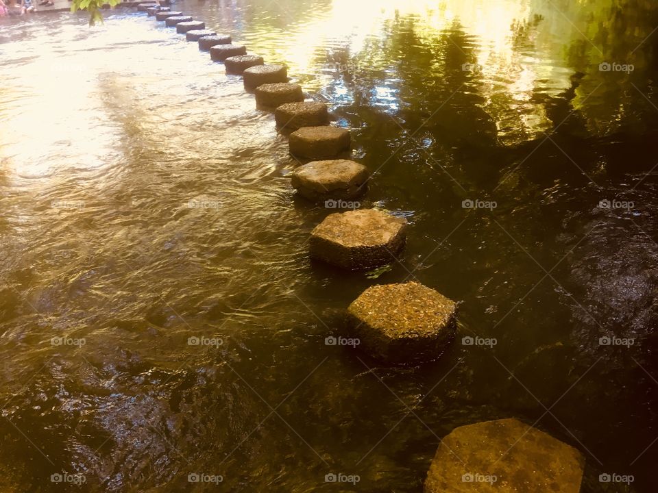 Stepping Stones across the River Mole at the foot of Box Hill in Surrey. Spring.