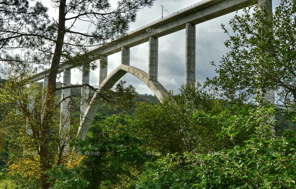 High-speed train bridge. View of the new high-speed train bridge over the river Ulla from Miradoiro de Gundián