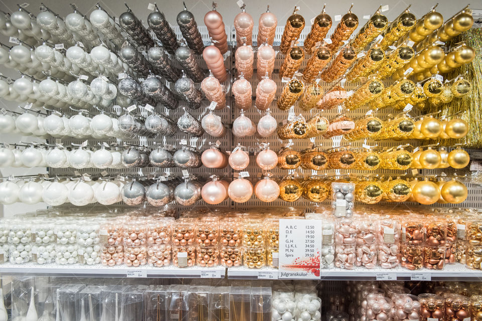 Christmas decorations and ornaments in a store in Sweden.