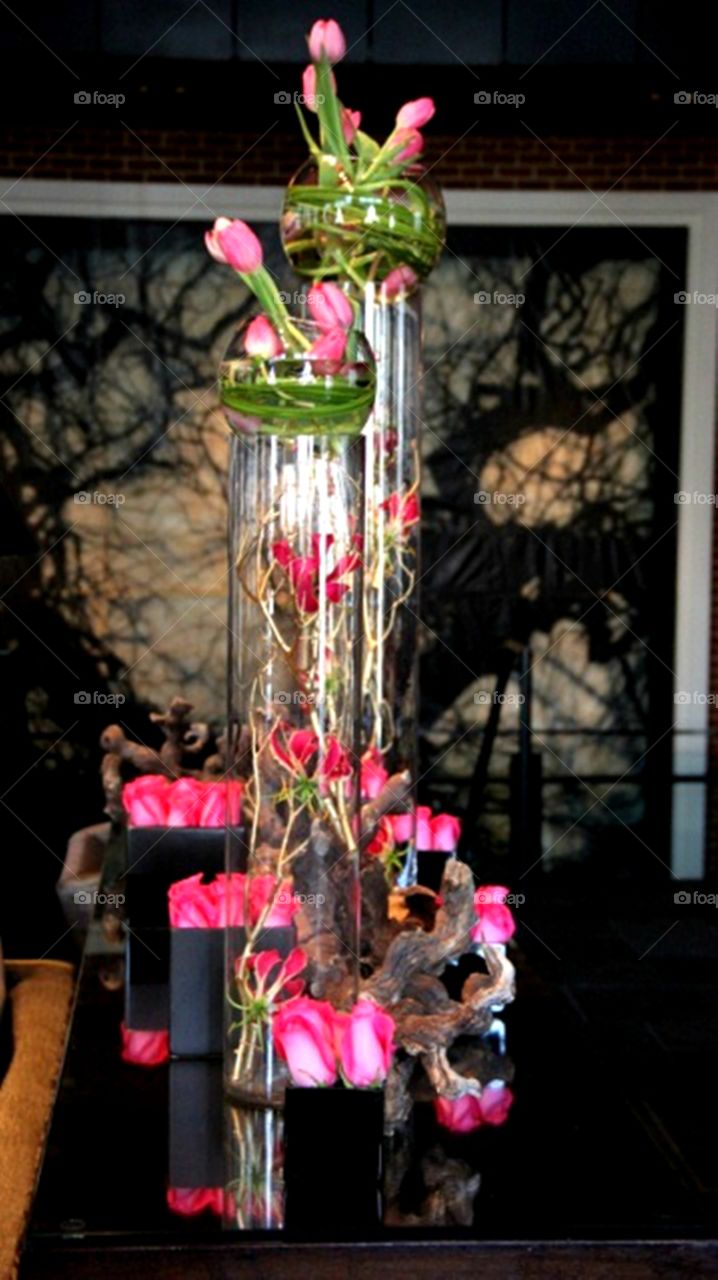Think pink. Pink flower arrangement in luxury hotel lobby