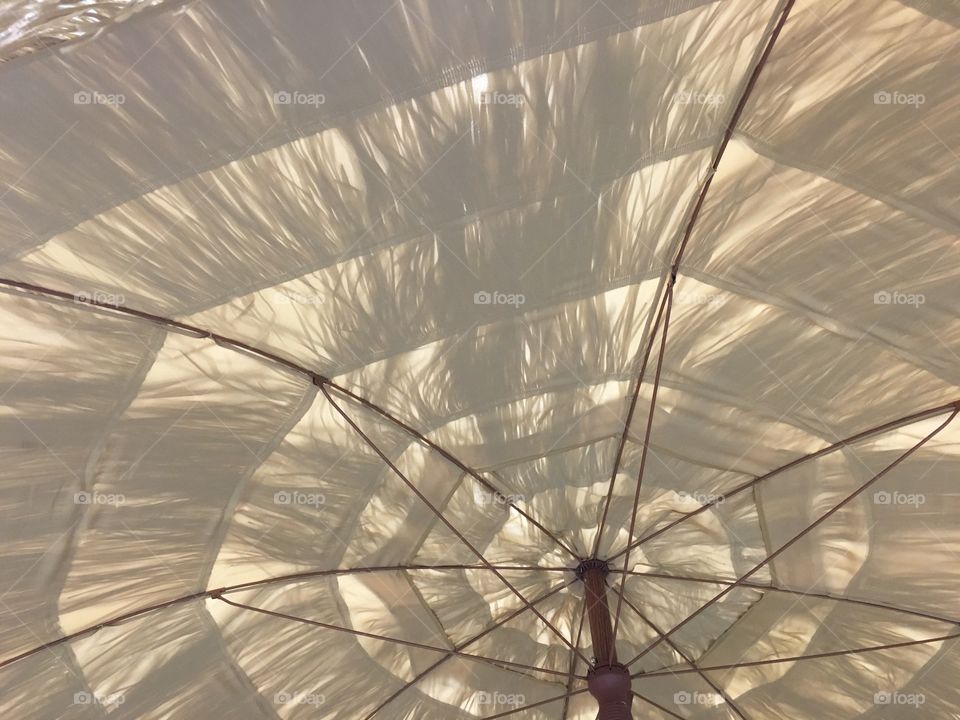 Beach umbrella with shadow of palm trees on top. 