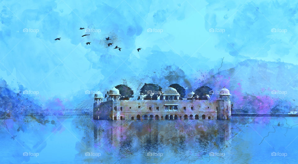 Water palace in jaipur, Rajasthan, India -  digital painting