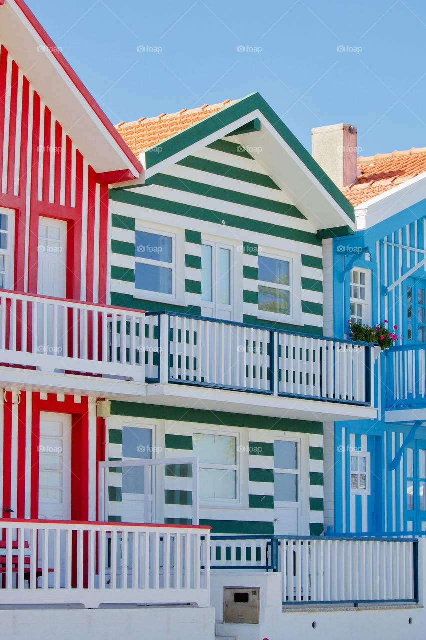 Famous striped houses in Costa Nova of Aveiro in Portugal 