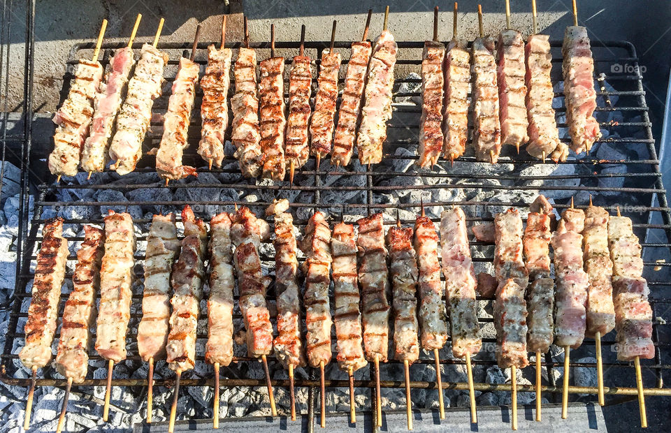 Roasting Barbecue On Grill Greek Souvlakia Pork Meat
