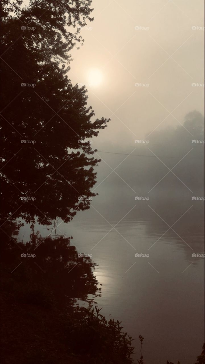 Foggy sunrise over a calm river