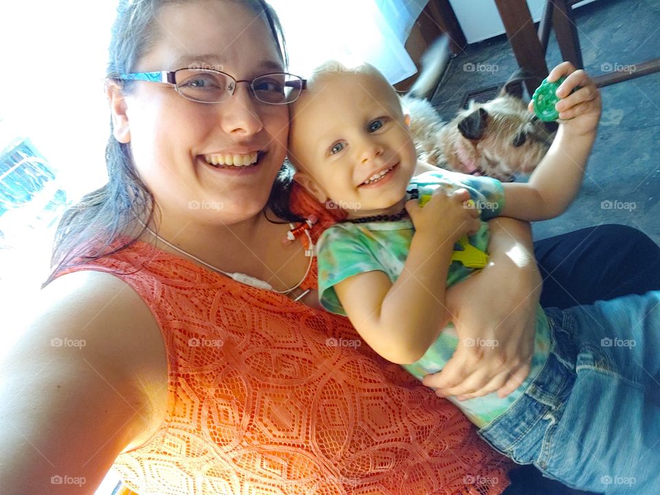 Mother and son, plus dog. something to be thankful for.