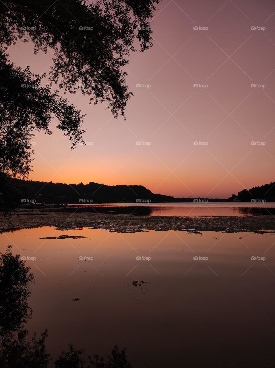 Photograph of a bulgarian lake in the sunset/ Beautiful cloudless sky in pink and yellow colours/ Reflections of the stunning sky over the calm lake waters in the evening/ Peaceful lake in the setting sun