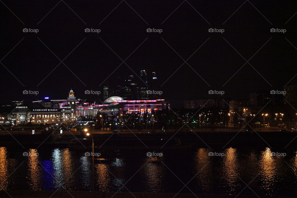 Berth, sunset, river,  Moscow, city, night city, Moscow does not sleep