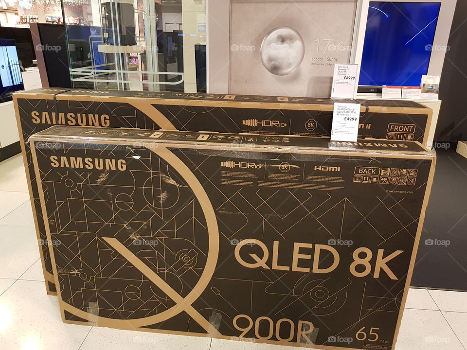 Samsung QLED 8K Q900R 65" and 75" televisions displaying at Peter Jones Sloane square Chelsea King's road London