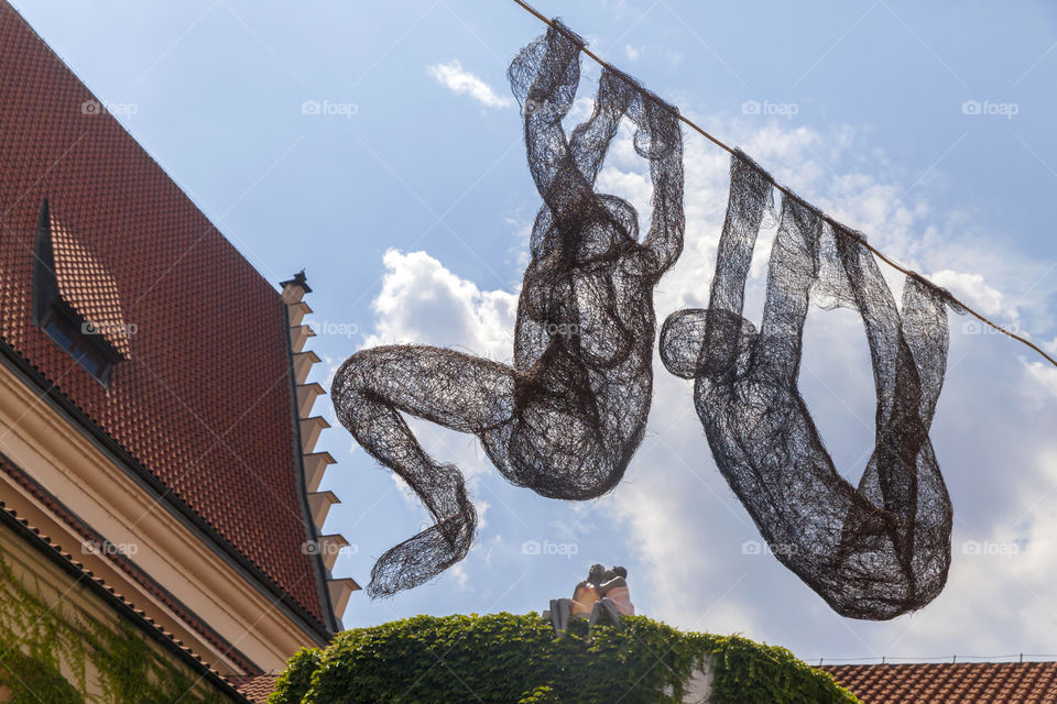 Art object from wire in Prague, view looking up