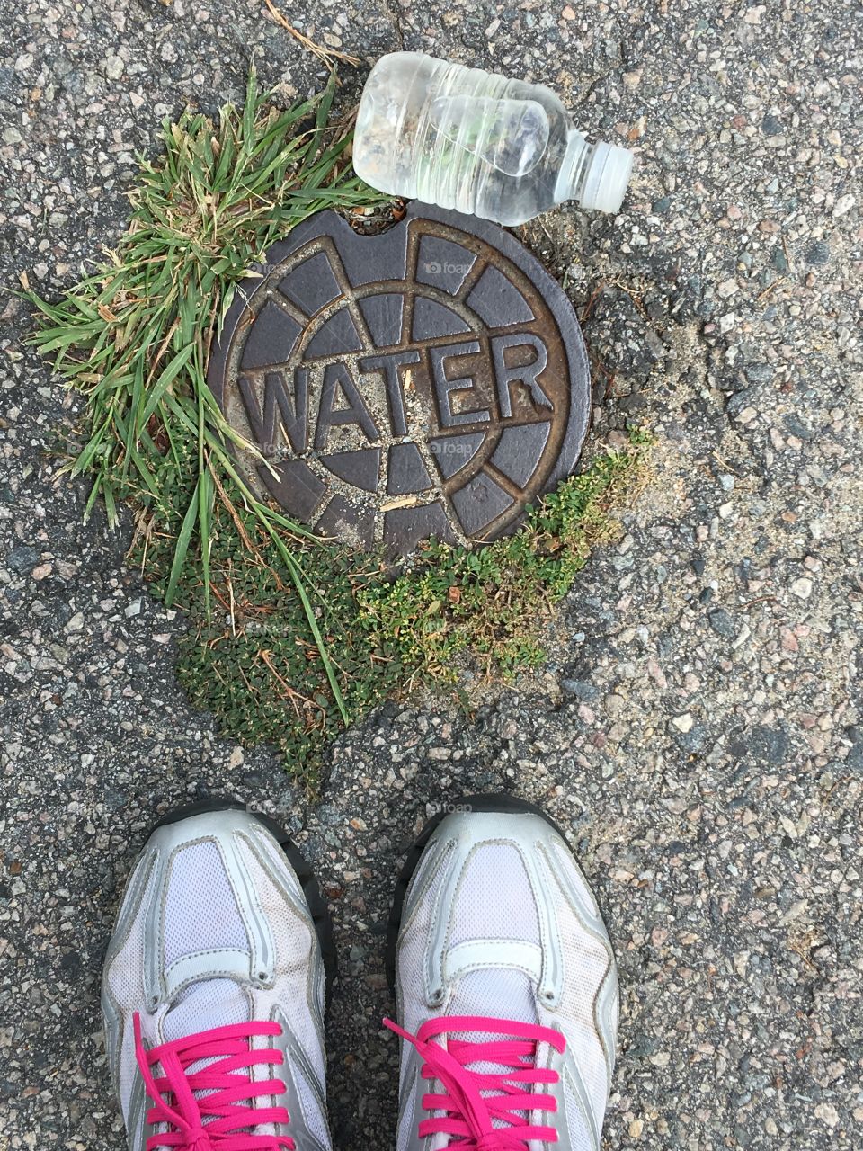 Water break during my walk, crossing one of the little side streets. Such a hot & humid day - got to keep your sense of humor!