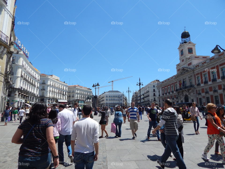 Plaza mayor in Madrid, Spain in the hot summer 