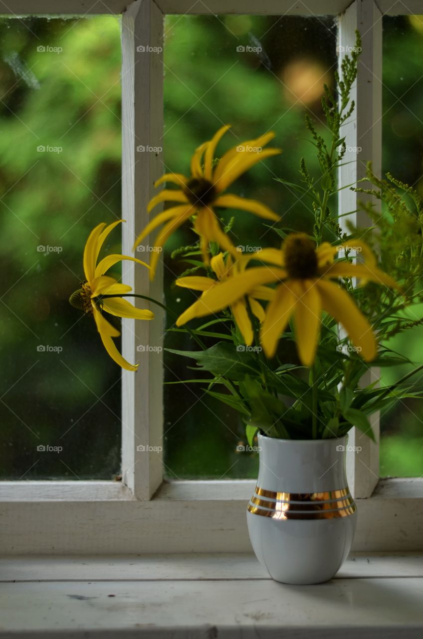 The white vase on the windowsill.