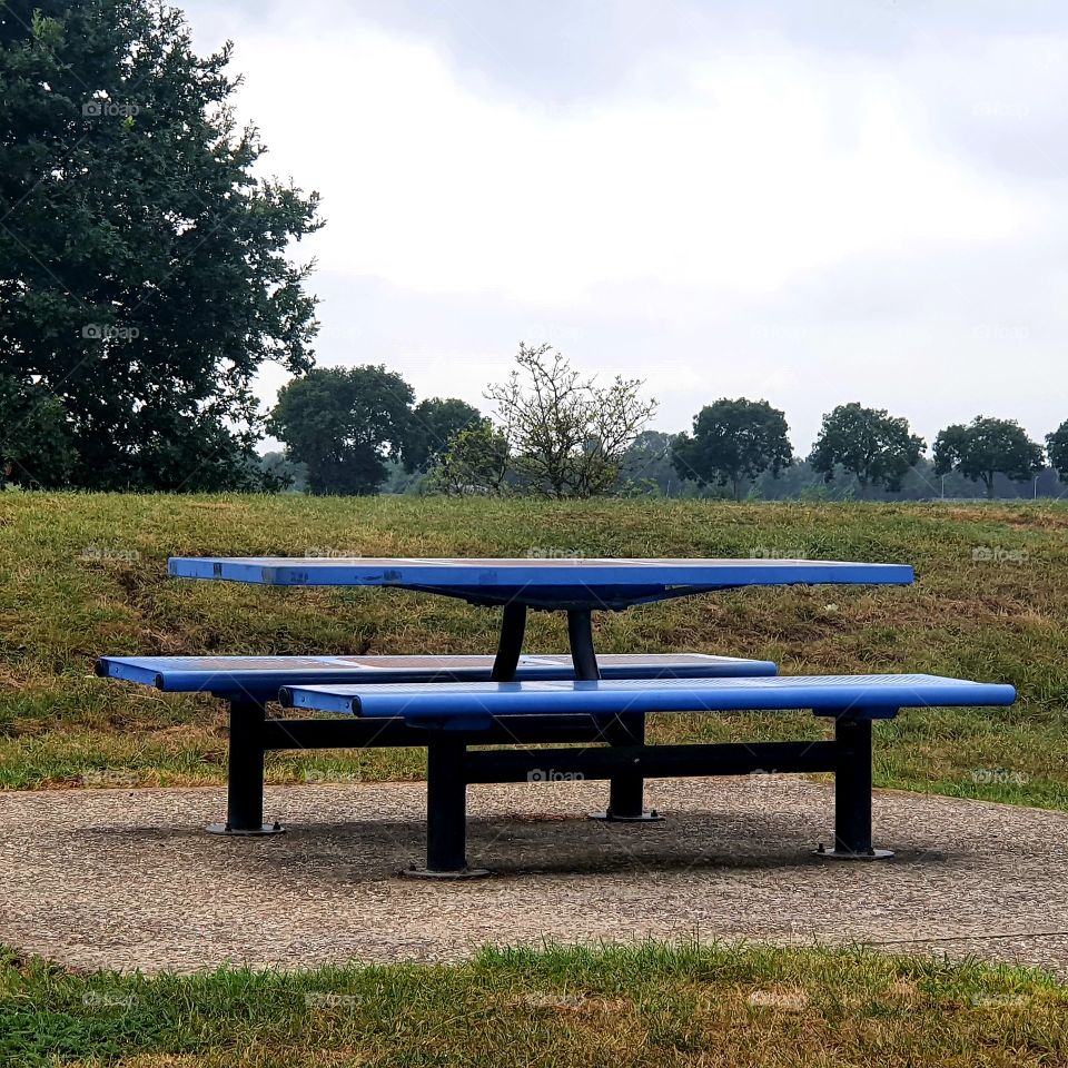 Nice blue picnic table. Past a stop next to the highway. The Netherlands.