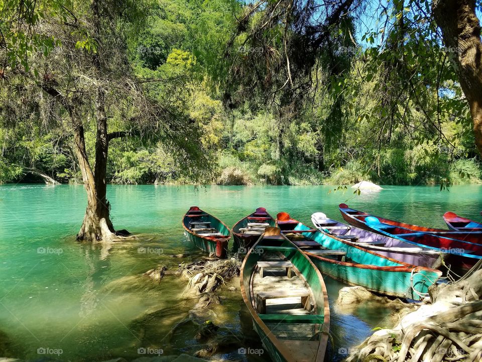 Canoes rest in a river in San Luis Potosi, Mexico.