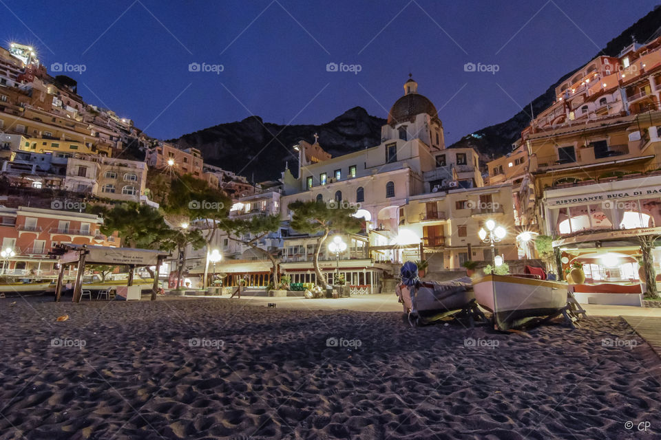 chiesa madre, positano. night at the beach during spring 