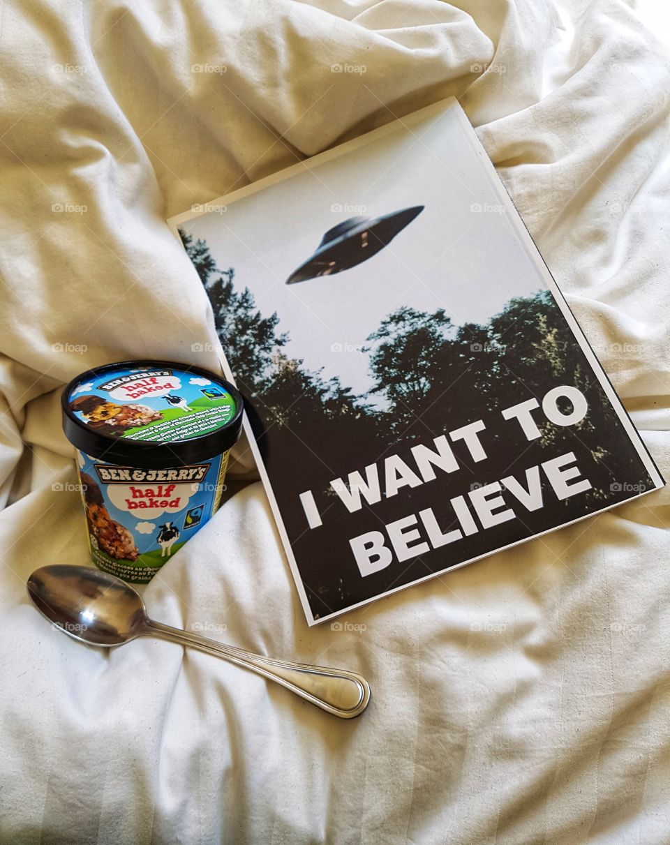 Relaxing day with ice cream in bed